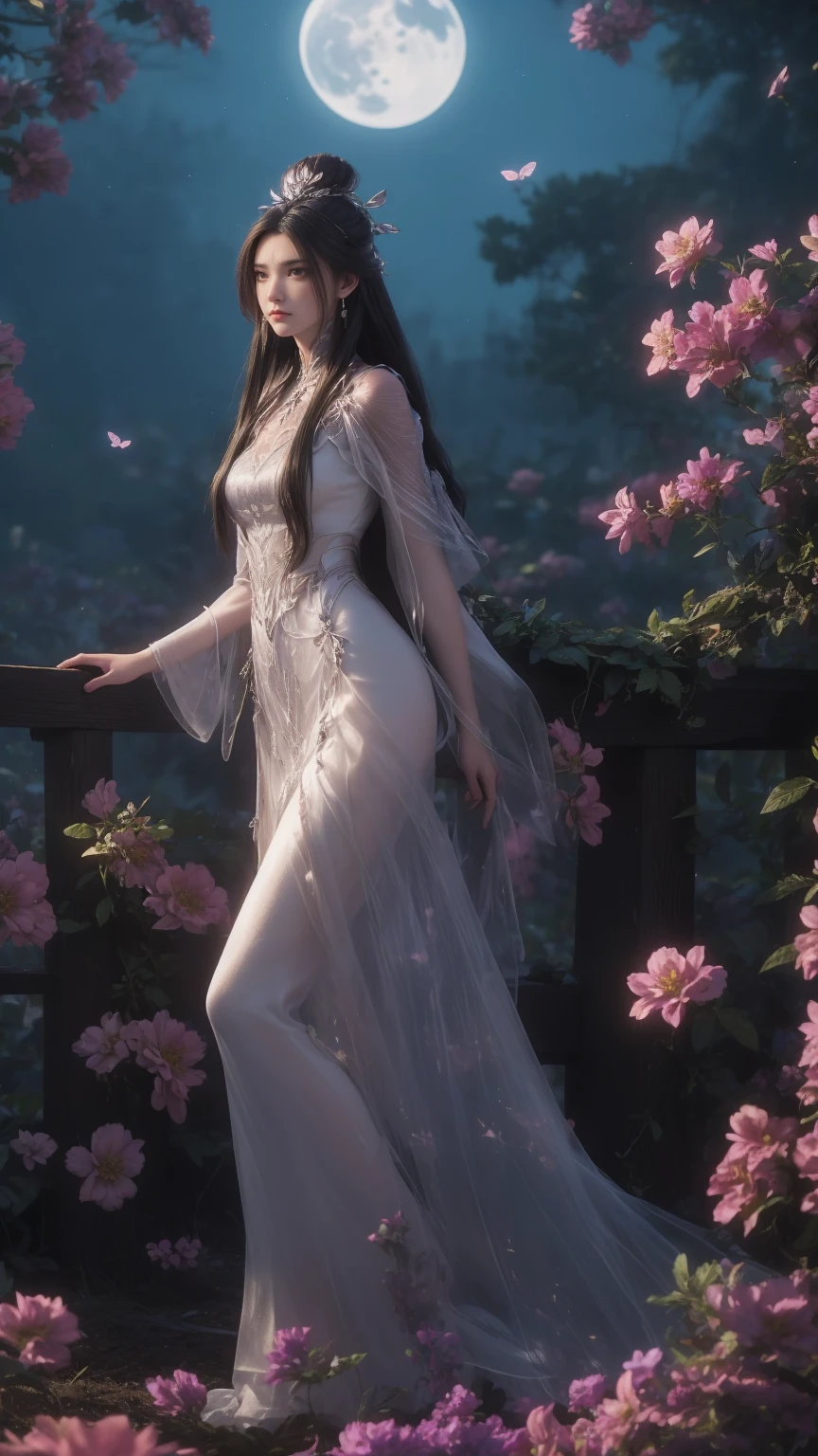 1girl, girl with long black hair, smiling, cheerful, girl is standing among a wide expanse of flowers,girl posing gracefully , surrounded by beautiful flowers, Calm and peaceful atmosphere, night, moonlight , Beautiful glowing butterflies surround the girl lighting up the darkness of the night, magic,Romantic, the night breeze blows the Sepoi Sepoi girl's hair, 