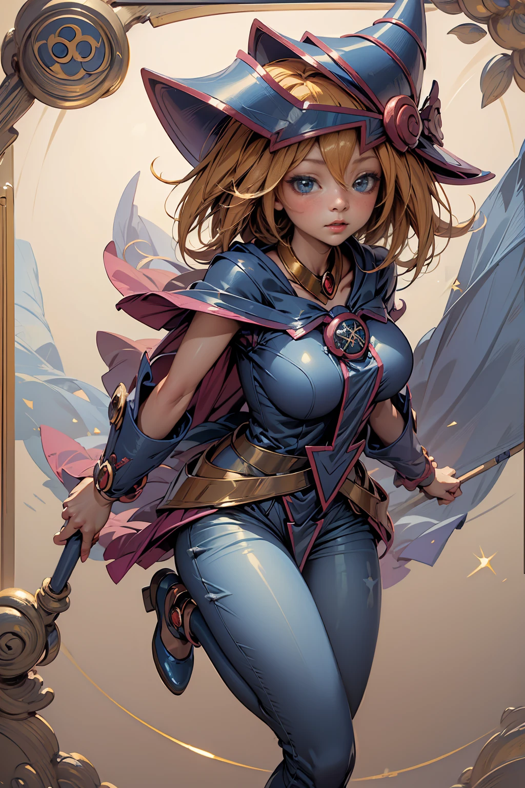 (Masterpiece:1.2), (The best quality:1.2), perfect lighting, Dark Magician Girl casting a spell, floating in the air, big tits, neckline, magic background. Transparent hearts in the air, blue robe, big hat, From above, sparkles, Yugioh Card in the background. In heels and with jeans 