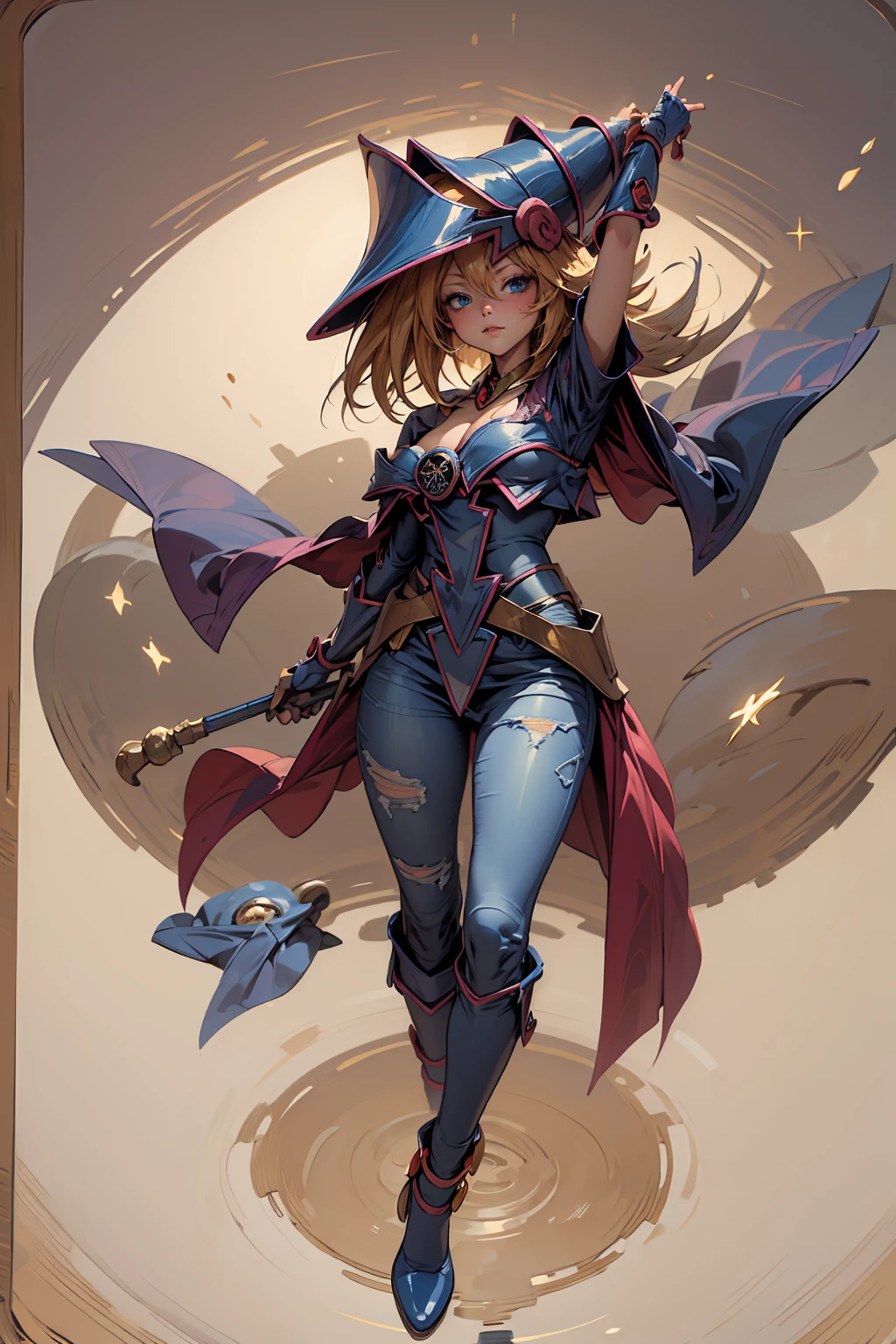 (Masterpiece:1.2), (The best quality:1.2), perfect lighting, Dark Magician Girl casting a spell, floating in the air, big tits, neckline, magic background. Transparent hearts in the air, blue robe, big hat, From above, sparkles, Yugioh Card in the background. In heels and with jeans 