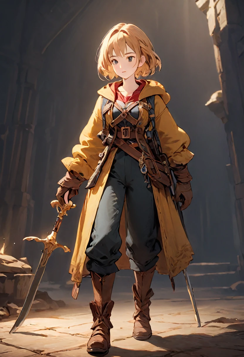 Female Adventurer, cute,whole body, Game Art Style, (masterpiece), Highest quality, High resolution, 4K, 8K, Detailed illustrations, Exquisite detail, Cinema Lighting, Great quality, One girl, a healthy woman, Great shade, Soft lighting, To the camera, Perfect Eyes