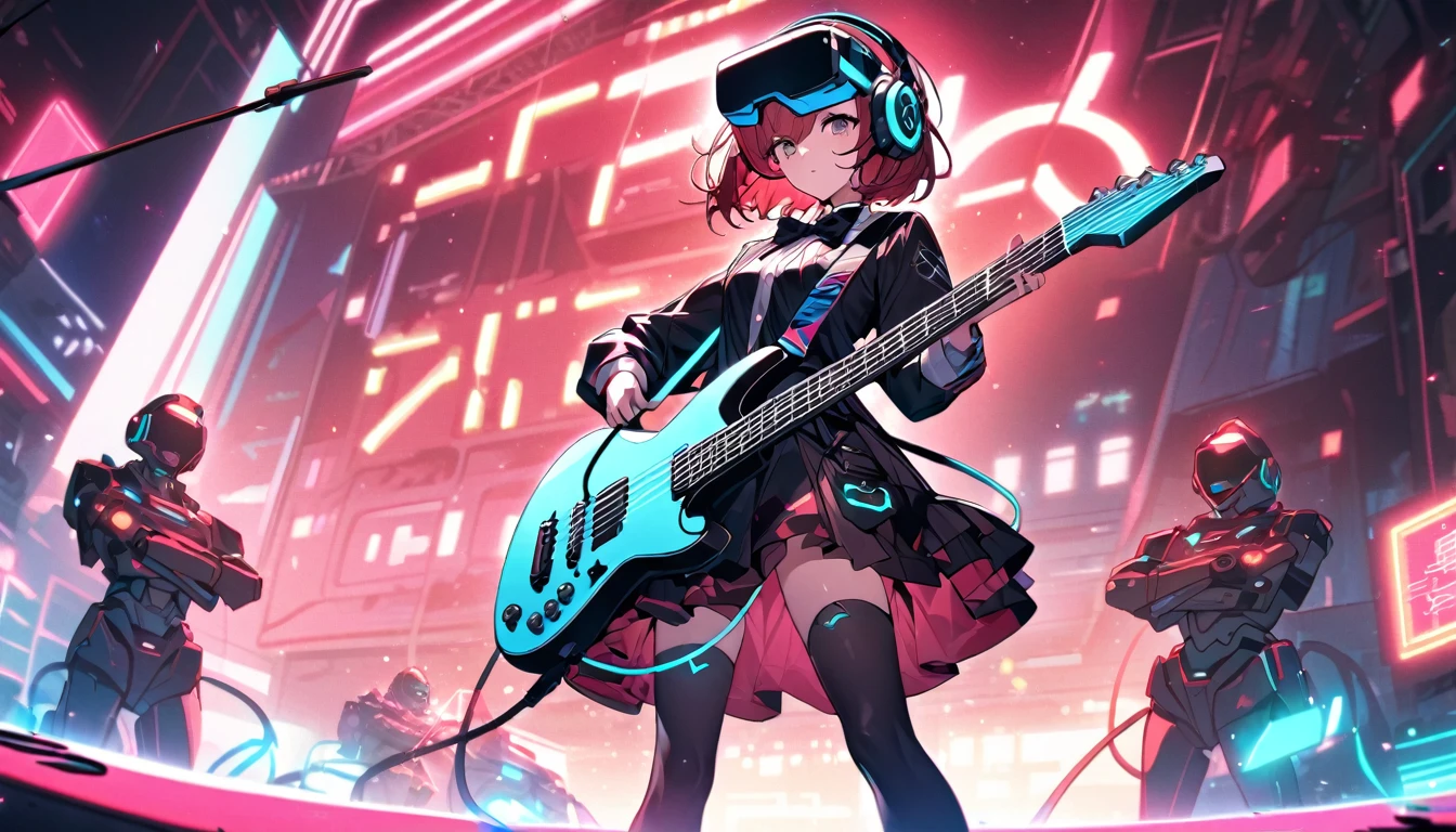 Beautiful girl, single, cool short hair, red hair, glowing wires. Wears a half hat, headphones, bow tie, mixed with sci-fi and neon tones. In the background is a robot with neon lights. The background image is a large robot, clearly visible. ,On stage, playing guitar, wearing a VR helmet.