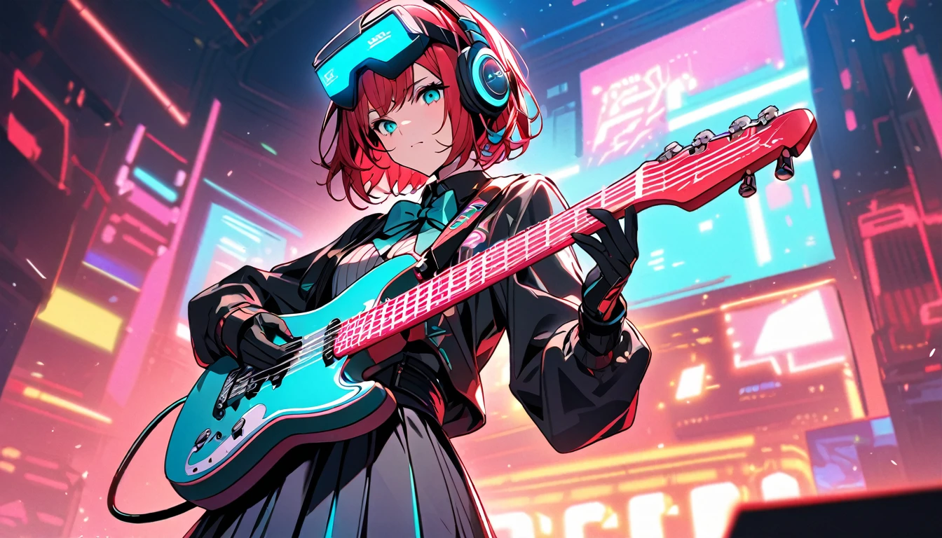 Beautiful girl, single, cool short hair, red hair, glowing wires. Wears a half hat, headphones, bow tie, mixed with sci-fi and neon tones. In the background is a robot with neon lights. The background image is a large robot, clearly visible. ,On stage, playing guitar, wearing a VR helmet.