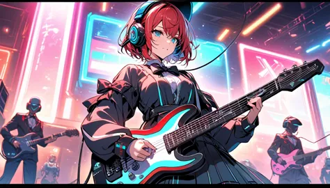 Beautiful girl, single, cool short hair, red hair, glowing wires. Wears a half hat, headphones, bow tie, mixed with sci-fi and n...