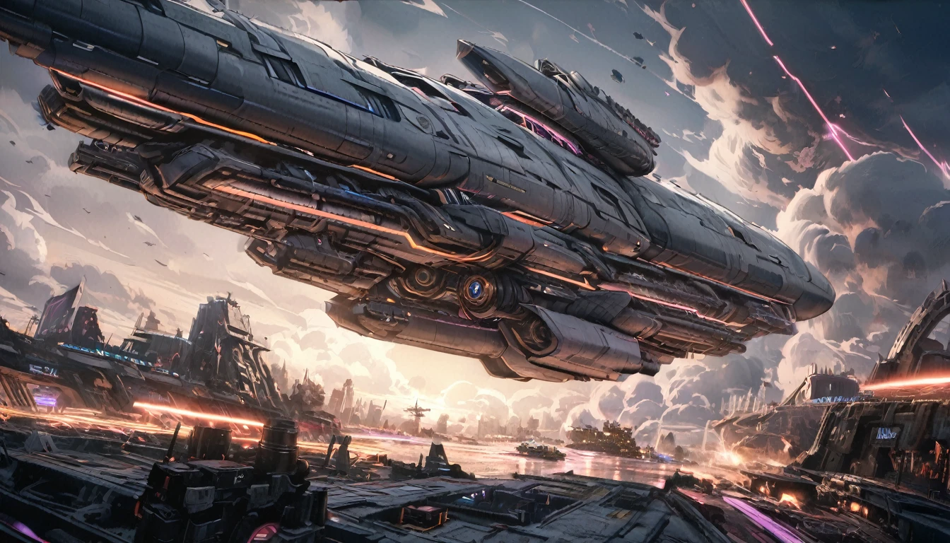 a massive futuristic spaceship, a space battle scene, a huge enemy spaceship looming in the distance, a command bridge overlooking the battle, cinematic lighting, highly detailed, epic scale, intricate mechanical design, glowing neon lights, reflective metal surfaces, billowing smoke and exhaust, intense battle damage, dynamic camera angle, dramatic lighting and shadows, hyper-realistic, photorealistic, 8k resolution, masterpiece