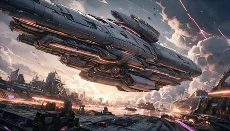a massive futuristic spaceship, a space battle scene, a huge enemy spaceship looming in the distance, a command bridge overlooki...