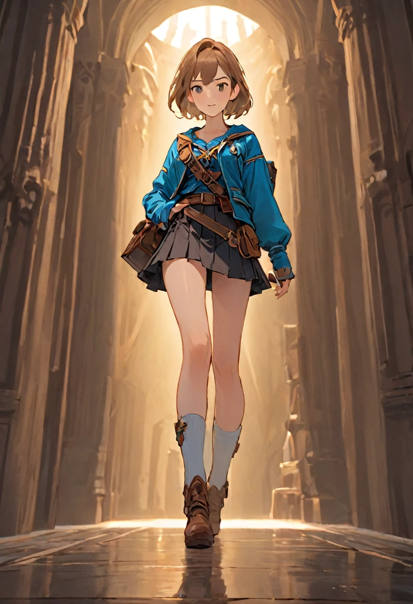 Female Adventurer, cute,whole body, mini skirt,Game Art Style, (masterpiece), Highest quality, High resolution, 4K, 8K, Detailed illustrations, Exquisite detail, Cinema Lighting, Great quality, One girl, a healthy woman, Great shade, Soft lighting, To the camera, Perfect Eyes