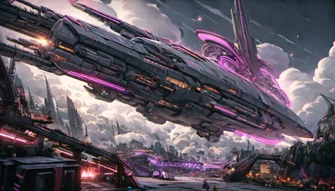 a massive futuristic spaceship, a space battle scene, a huge enemy spaceship looming in the distance, a command bridge overlooki...