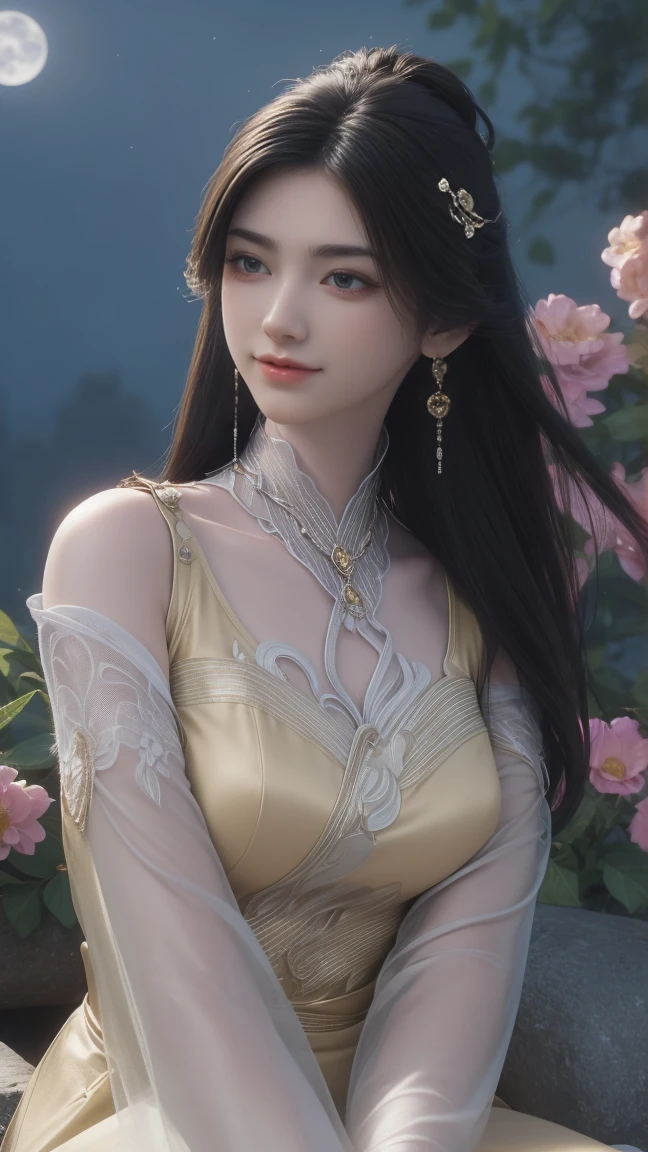 1girl, girl with long black hair, smiling, cheerful, girl is sitting among a wide expanse of flowers, surrounded by beautiful flowers, Calm and peaceful atmosphere, night, moonlight , Beautiful glowing butterflies surround the girl lighting up the darkness of the night, magic,Romantic, the night breeze blows the Sepoi Sepoi girl's hair, 