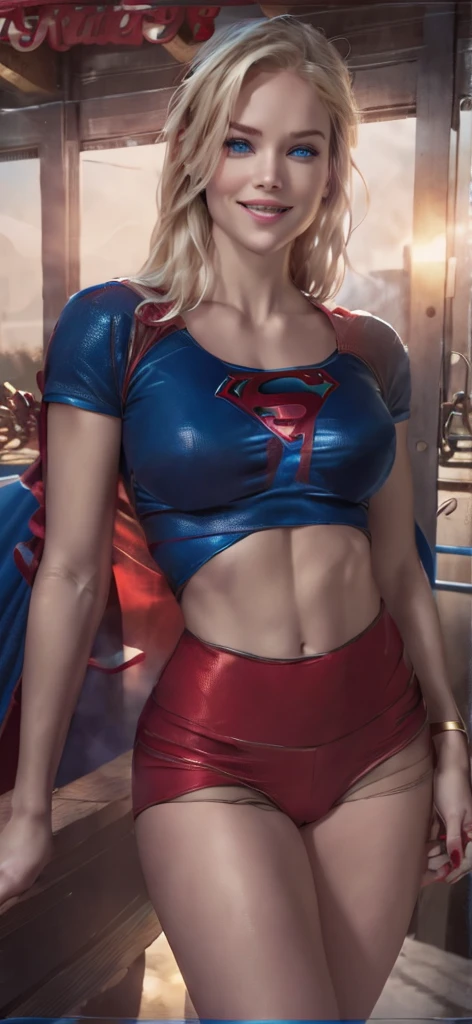 The character Supergirl, red cape, perfect blue costume, extremely beautiful blue eyes, perfect blond hair, smooth curves, perfect smile 