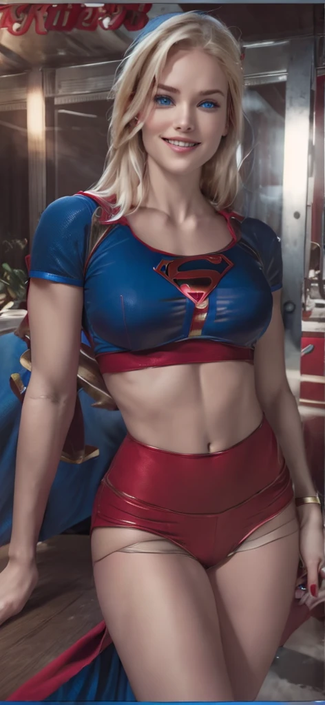 The character Supergirl, red cape, perfect blue costume, extremely beautiful blue eyes, perfect blond hair, smooth curves, perfect smile 