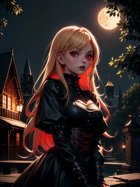 8K, masterpiece, best quality, night, full moon, a cute sweet Vampire, gothic style, cottage background, (cinematic light:1.1), ...