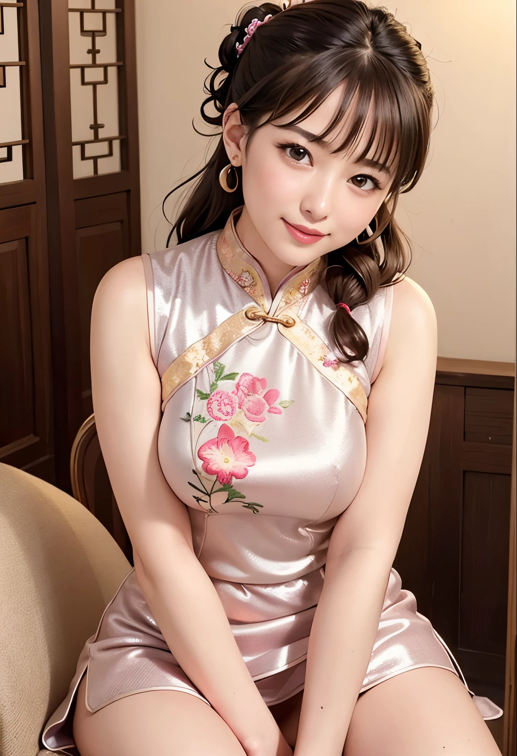 (Highest quality,masterpiece:1.3,Ultra-high resolution),(Very detailedな、Caustics) (Photorealistic:1.4, RAW shooting、)Ultra-Realistic Capture、Very detailed、Natural skin texture、masterpiece、(Embroidered sequined cheongsam:1.3)、Vermilion cheongsam、1 Japanese girl、Adorable expression、Expressions of Happiness、14 years old、Young Face、Amazingly cute、Twin tails、Curly Hair、Black Hair、Scrunchie、Earrings、Heavy makeup、A big bust that seems to burst、Bare arms、This photo was taken in a private room at a sex shop.、Sit on a chair and open your legs to the left and right、Shining thighs、smile、An inviting gaze、Cowboy Shot、Sexy pose、