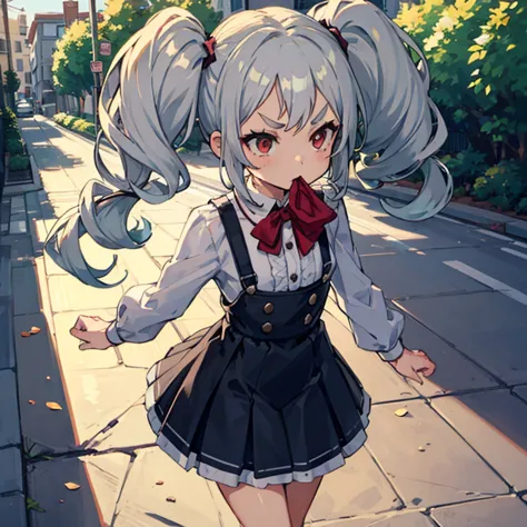 young girl with grey hair, ((fringed and curly hair)),((curly short twintail)), curly hair ,(red eyes),, ((small bushy eyebrows)...