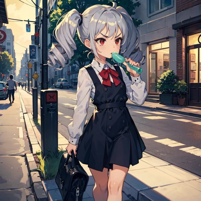 Young girl with grey hair, ((fringed and curly hair)),((curly short twintail)), curly hair ,(red eyes),, ((small bushy eyebrows)), wearing gothic lolita clothing, lolicon , walking to school, bored look, bored face, girl sucking penis cum bubbling out her mouth, in a street, girl giving a deepthroat blowjob to male, multiple vignettes