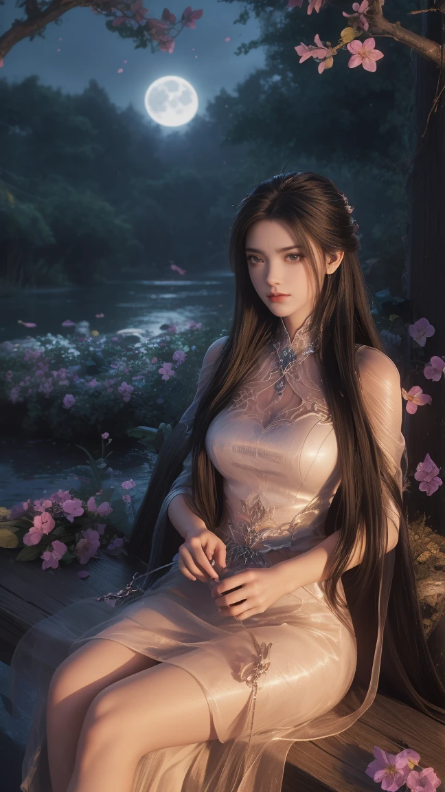 1girl, girl with long black hair, smiling, cheerful, girl is sitting among a wide expanse of flowers, surrounded by beautiful flowers, Calm and peaceful atmosphere, night, moonlight , Beautiful glowing butterflies surround the girl lighting up the darkness of the night, magic,Romantic, the night breeze blows the Sepoi Sepoi girl's hair, 