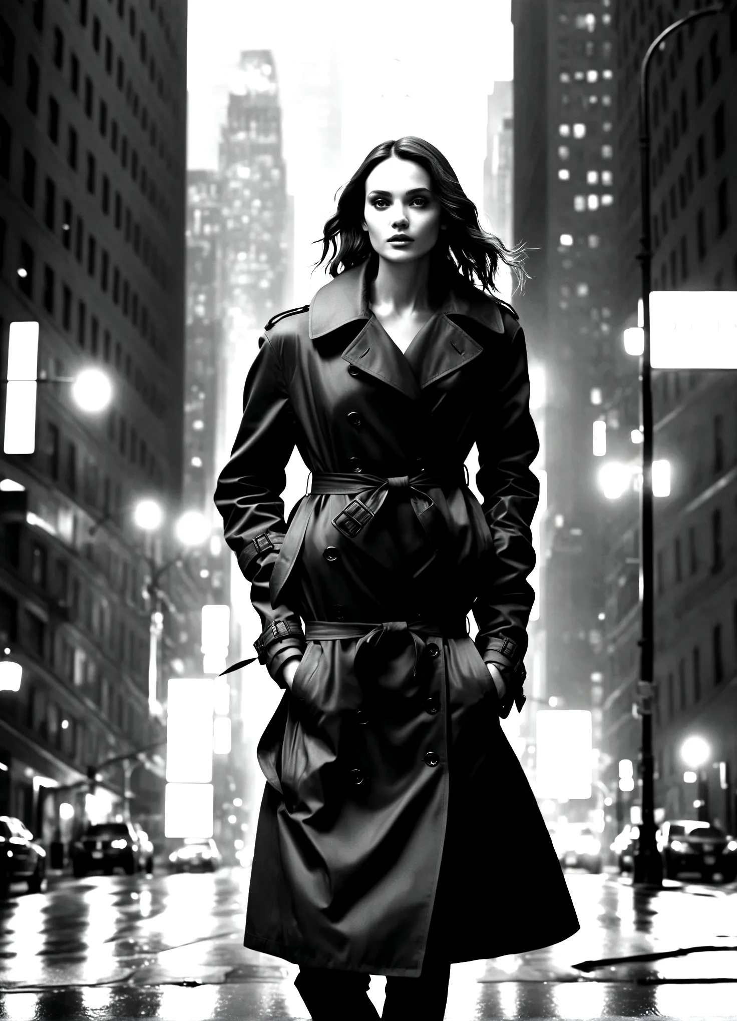 Black and white photography,In a monochrome world. The background is New York City's Manhattan, a nighttime street scene. Light ...