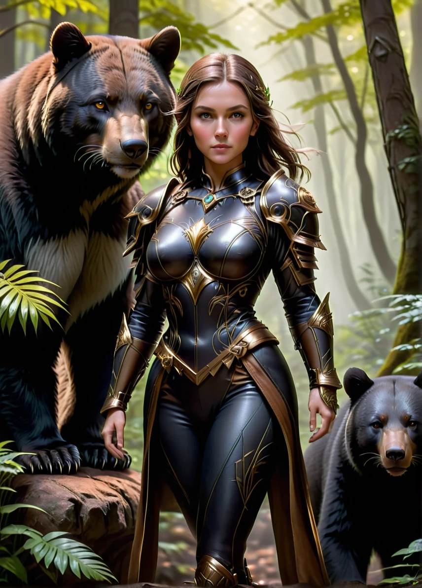  elf tamer, (mature female: 1.6), (brown gray hair: 1.1), (serious calm look: 1.5), (round face: 1.1),  fit, nature symbols and patterns, (brown and black leather armor: 1.5), forest with black bear and animals on background, ((looking at viewer:1.2), (from side:0.8)), athletic, volumetric lighting dynamic lighting, real shadows, vibrant contrasting colors, style of Stephen Hickman and Stan Manoukian, ultra realistic, masterpiece, high quality, highres, sharp focus, intricate, sharp details, highly detailed, rich color, 8K,