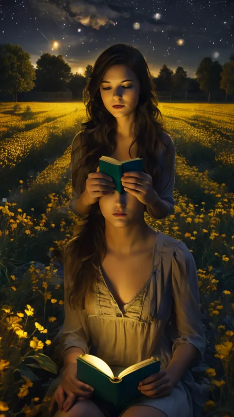 girl reading a book next to her lamp behind a fence in a flower field by the starry night