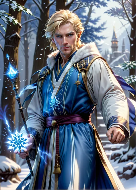 ice mage, (mature slim male: 1.5), (blonde hair: 1.1), (serious concentrated look: 1.5), skinny, snowflakes symbols and patterns...