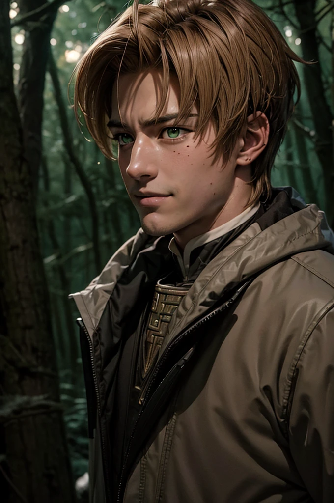 In realistic painting portrait of high quality and detail, Rudeus Greyrat (Mushoku Tensei), 2000's movie style, 1man, full body, 1 man, sharp features, detailed face, sad smiling expression, a tall, well-built man with a handsome appearance. He has light brown hair and green eyes, and he also has a mole under his left eye, dark and moody lighting, portrait, contrasting colors, subtle shadows, mysterious atmosphere, outdoors, dark forest on the background, he stands near the tree, (ultra-high detail:1.2), Masterpiece, Best Quality, Ultra-detailed, Cinematic lighting, 8K, delicate features, cinematic, 35 mm lens, f/1.9, highlight lighting, global lighting –uplight –v 4, Cinematic lighting, 8K, high quality, Highest Quality, (Solo Focus), (extremly intricate:1.3), (Realistic), masterful, Analog style, (Film grain:1.5), (warm hue, cold tone), Mystical powers, fantasy, Depth & Perspective, movie style, dark and mysterious atmosphere, 