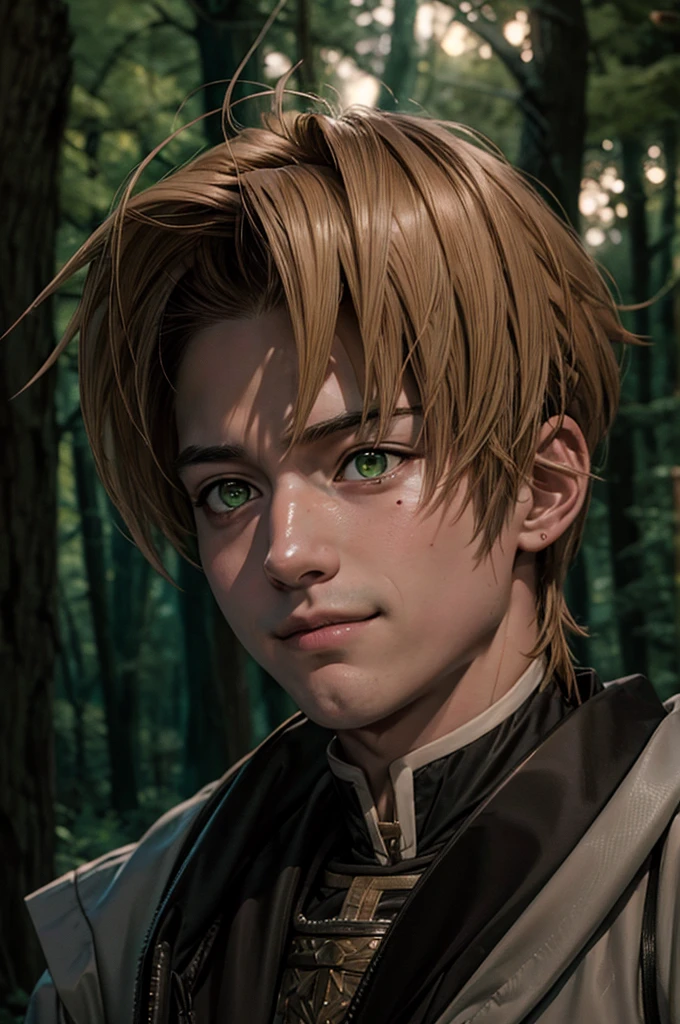 In realistic painting portrait of high quality and detail, Rudeus Greyrat (Mushoku Tensei), 2000's movie style, 1man, full body, 1 man, sharp features, detailed face, sad smiling expression, a tall, well-built man with a handsome appearance. He has light brown hair and green eyes, and he also has a mole under his left eye, dark and moody lighting, portrait, contrasting colors, subtle shadows, mysterious atmosphere, outdoors, dark forest on the background, he stands near the tree, (ultra-high detail:1.2), Masterpiece, Best Quality, Ultra-detailed, Cinematic lighting, 8K, delicate features, cinematic, 35 mm lens, f/1.9, highlight lighting, global lighting –uplight –v 4, Cinematic lighting, 8K, high quality, Highest Quality, (Solo Focus), (extremly intricate:1.3), (Realistic), masterful, Analog style, (Film grain:1.5), (warm hue, cold tone), Mystical powers, fantasy, Depth & Perspective, movie style, dark and mysterious atmosphere, 