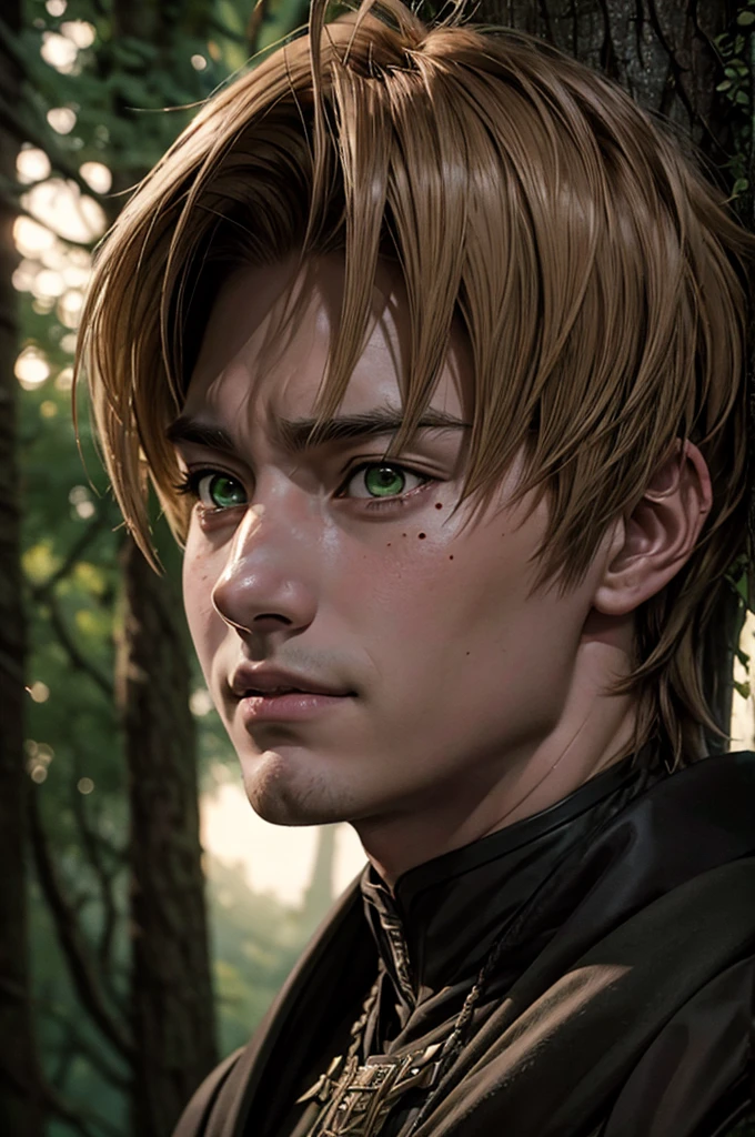 In realistic painting Retrato oF alta calidad and detail, Ludeus Greyrat (mushoku tensei), 2000's estilo de película, 1 hombre, Full body, hombre de 18 años, sharp Features, detailed Face, expresión triste y sonriente, En absoluto, hombre bien formado y de apariencia atractiva. Tiene cabello castaño claro y ojos verdes., and he also has a mole under his leFt eye, iluminación oscura y de mal humor, Retrato, colores contrastantes, sombras sutiles, atmósfera misteriosa, Al aire libre, dark Forest on the background, él está cerca del árbol, (Detalle ultraalto:1.2), obra maestra, mejor calidad, ultra detallado, iluminación cinematográfica, 8K, delicate Features, cinematográfico, lente de 35 mm, F/1.9, Iluminación destacada, Iluminación global –Uplight –V 4, iluminación cinematográfica, 8K, alta calidad, de la máxima calidad, (Solo enfoque), (extremadamente intrincado:1.3), (Realista), masterFul, estilo analógico, (grano de la película:1.5), (tono cálido, tono frio), poderes místicos, Fantasy, profundidad & Perspectiva, estilo de película, dark and atmósfera misteriosa, 