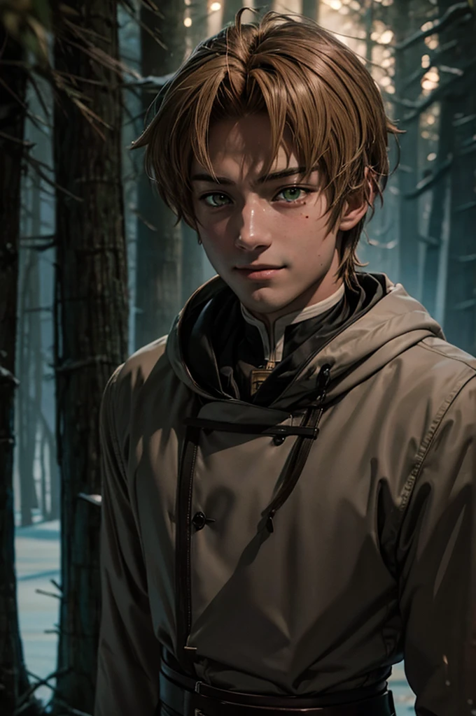 In realistic painting portrait of high quality and detail, Rudeus Greyrat (Mushoku Tensei), 2000's movie style, 1man, full body, 1 man, sharp features, detailed face, sad smiling expression, a tall, well-built man with a handsome appearance. He has light brown hair and green eyes, and he also has a mole under his left eye, dark and moody lighting, portrait, contrasting colors, subtle shadows, mysterious atmosphere, outdoors, dark forest on the background, he stands near the tree, (ultra-high detail:1.2), Masterpiece, Best Quality, Ultra-detailed, Cinematic lighting, 8K, delicate features, cinematic, 35 mm lens, f/1.9, highlight lighting, global lighting –uplight –v 4, Cinematic lighting, 8K, high quality, Highest Quality, (Solo Focus), (extremly intricate:1.3), (Realistic), masterful, Analog style, (Film grain:1.5), (warm hue, cold tone), Mystical powers, fantasy, Depth & Perspective, movie style, dark and mysterious atmosphere, 