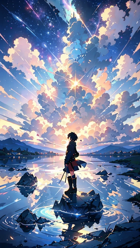 anime - style painting of a woman standing on a rock in a lake, anime beautiful peace scene, beautiful anime scene, beautiful anime scenery, makoto shinkai cyril rolando, makoto shinkai. digital render, in style of makoto shinkai, makoto shinkai art style, inspired by Makoto Shinkai, anime landscape, anime nature, starry sky, night sky,