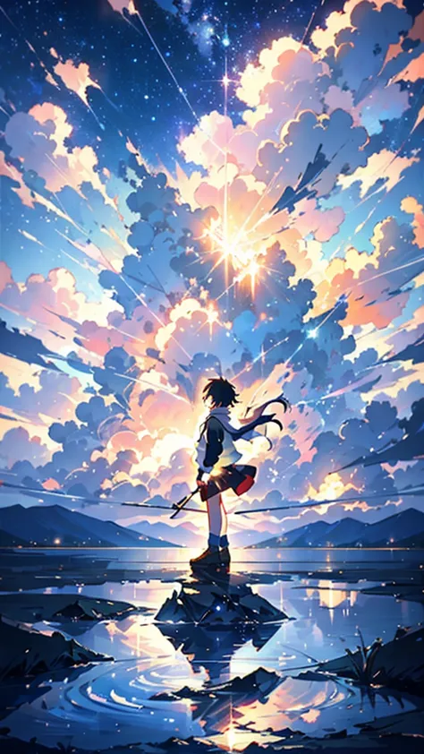 anime - style painting of a woman standing on a rock in a lake, anime beautiful peace scene, beautiful anime scene, beautiful an...