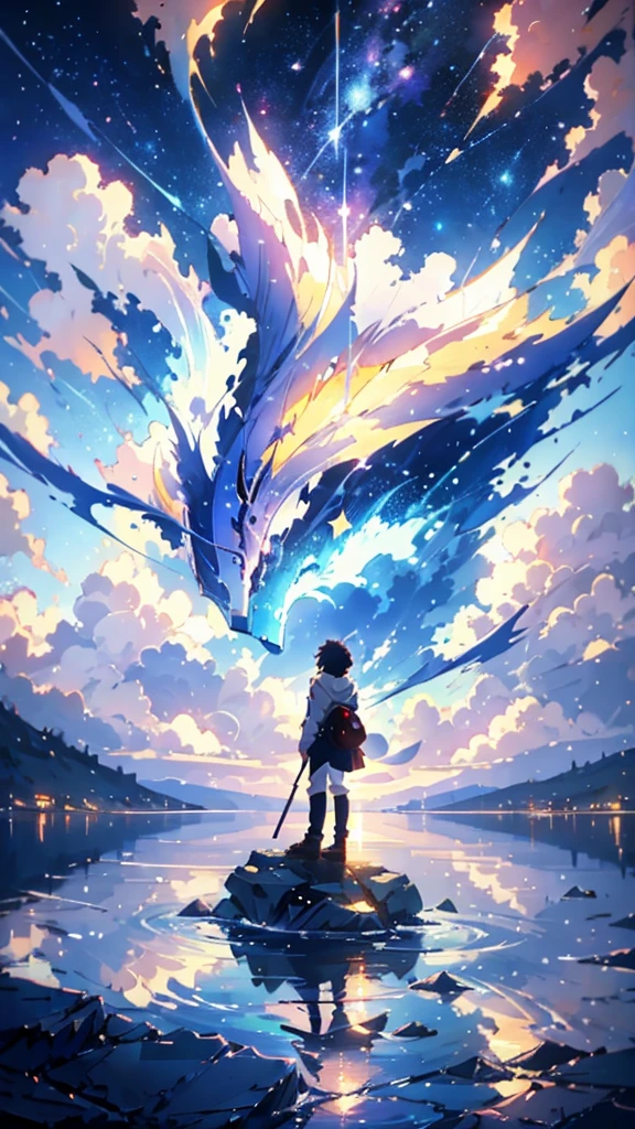 anime - style painting of a woman standing on a rock in a lake, anime beautiful peace scene, beautiful anime scene, beautiful anime scenery, makoto shinkai cyril rolando, makoto shinkai. digital render, in style of makoto shinkai, makoto shinkai art style, inspired by Makoto Shinkai, anime landscape, anime nature, starry sky, night sky,