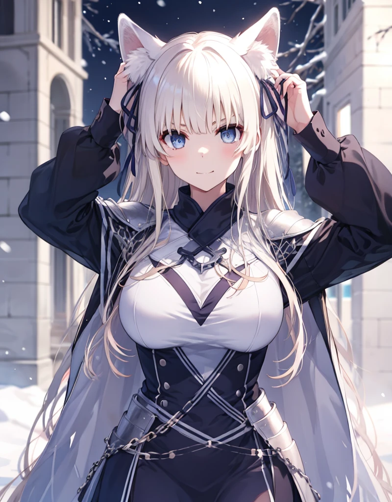 [[[ ultra-detailed, best quality, soft skin, beautiful, 4K]]] white hair, blue eyes, tied-up hair, slender body, dynamic angle, chainmail, white armor, white fox ears, calm expression, female, snowy palace gardens background, serious expression. walking angle, ((little horny smile)) to masch them über hugest big huge massive largest bigger biggest breasts 