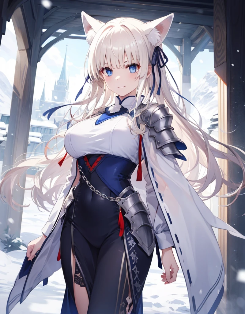 [[[ ultra-detailed, best quality, soft skin, beautiful, 4K]]] white hair, blue eyes, tied-up hair, slender body, dynamic angle, chainmail, white armor, white fox ears, calm expression, female, snowy palace gardens background, serious expression. walking angle, ((little horny smile)) loved to masch them über hugest big huge massive largest bigger biggest breasts 