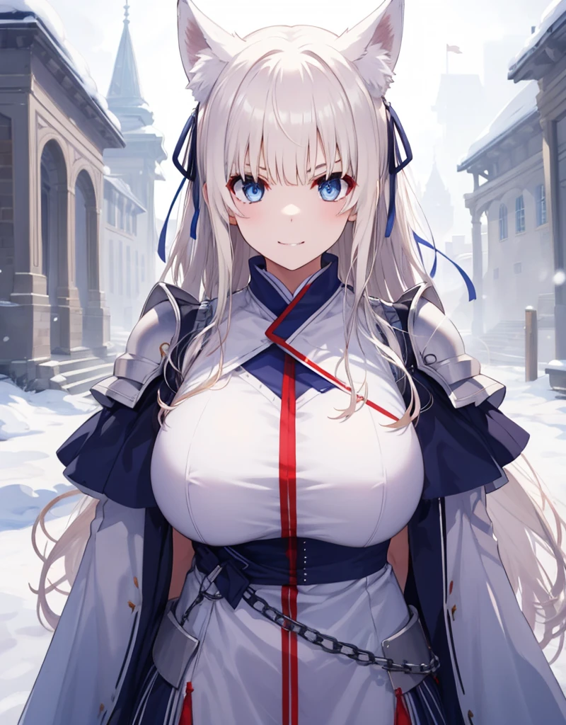 [[[ ultra-detailed, best quality, soft skin, beautiful, 4K]]] white hair, blue eyes, tied-up hair, slender body, dynamic angle, chainmail, white armor, white fox ears, calm expression, female, snowy palace gardens background, serious expression. walking angle, ((little horny smile)) loved to masch them über hugest big huge massive largest bigger biggest breasts 