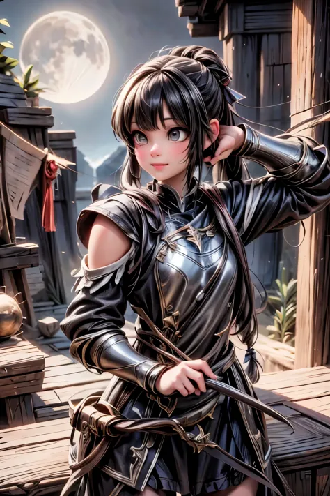 an archer girl, holding a bow, wearing an archer armor, fantasy art style, night scene, moon