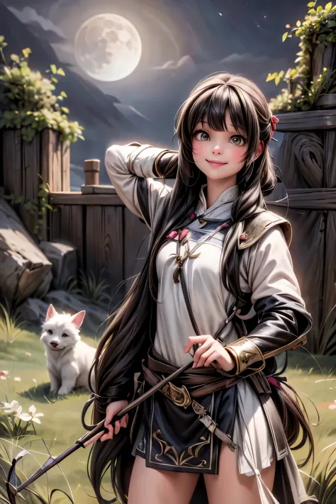 an ((archer)) girl smiling , ((holding)) a bow, wearing an archer armor, accompanied by her dog, fantasy art style, night scene,...