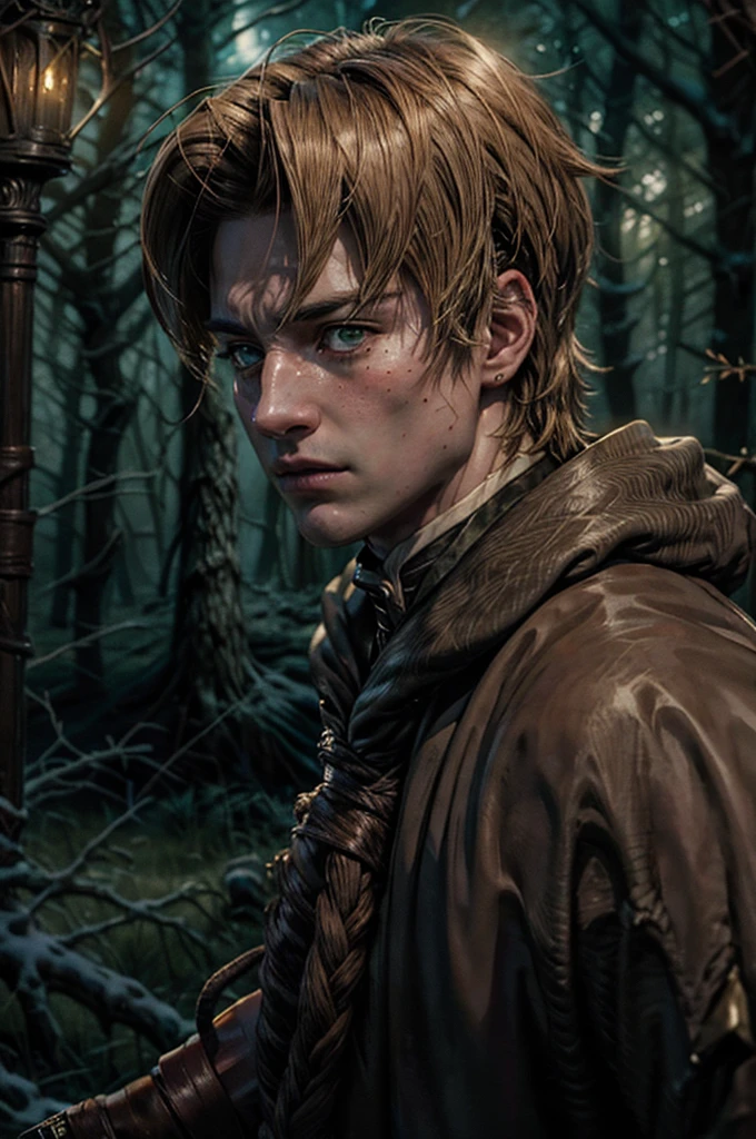 A man in realistic portrait of high quality and detail, 2000's movie style, 1, Rudeus Greyrat (Mushoku Tensei). dark and mysterious atmosphere, sharp features, detailed face, sad expression, pale skin, glow, solo, 1man, fantasy, Depth & Perspective, Mystical powers, fine face,  dark and moody lighting, portrait, contrasting colors, dark forest on the background, he stands near the tree, subtle shadows, mysterious atmosphere, a tall, well-built man with a handsome appearance. He has light brown hair and green eyes, and he also has a mole under his left eye, looking at viewer, (ultra-high detail:1.2), Masterpiece, Best Quality, Ultra-detailed, Cinematic lighting, 8K, delicate features, cinematic, 35 mm lens, f/1.9, highlight lighting, global lighting –uplight –v 4, cinematic, intense gaze, Cinematic lighting, 8K, high quality, Highest Quality, (Solo Focus), (extremly intricate:1.3), (Realistic), dramatic, masterful, Analog style, (Film grain:1.5), (warm hue, cold tone)