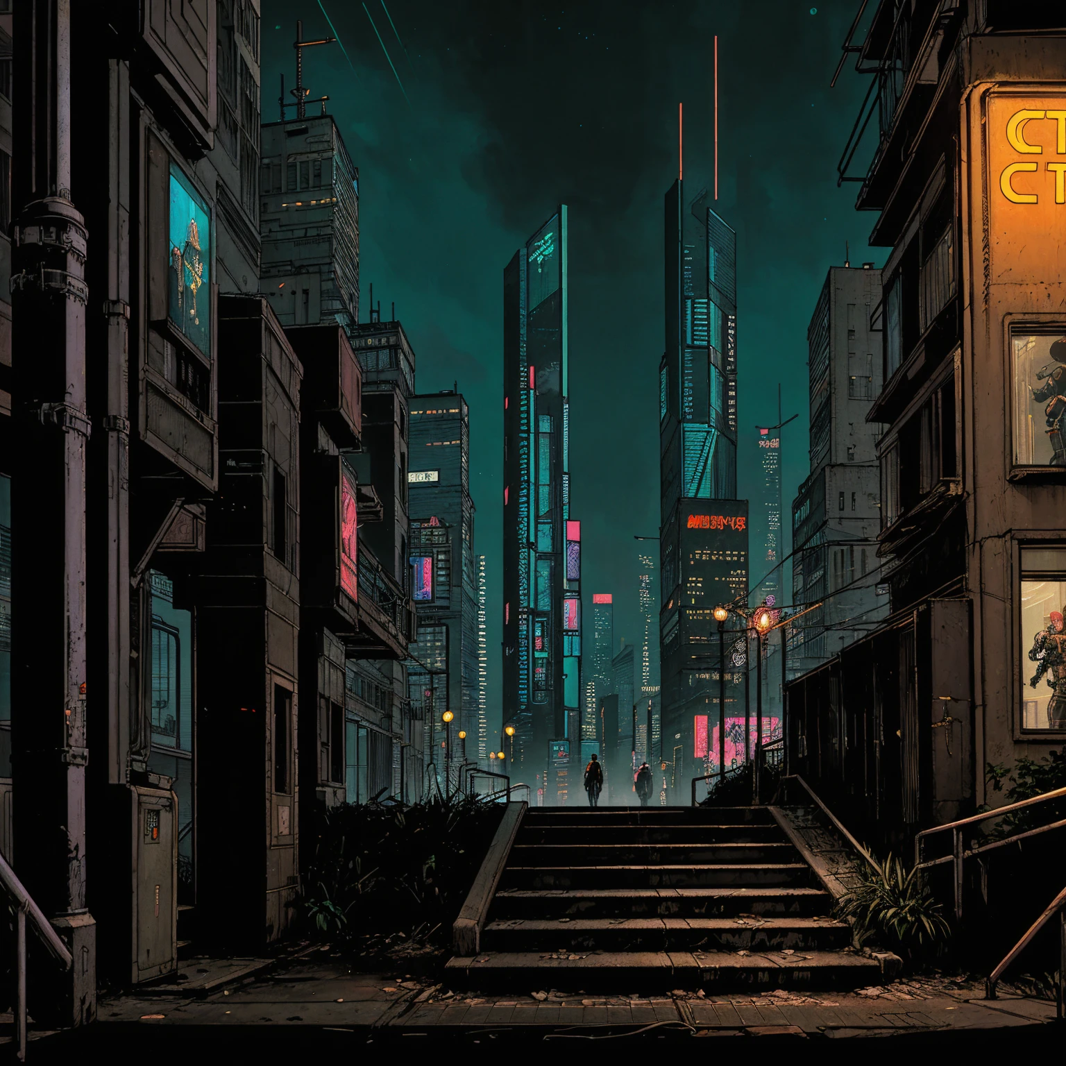 (masterpiece), (cyberpunk park), (street), (stairs), (cyberpunk city neon lights), (skyscrapers),  (realistic illustration), (cinematic), (night), (city skylines)