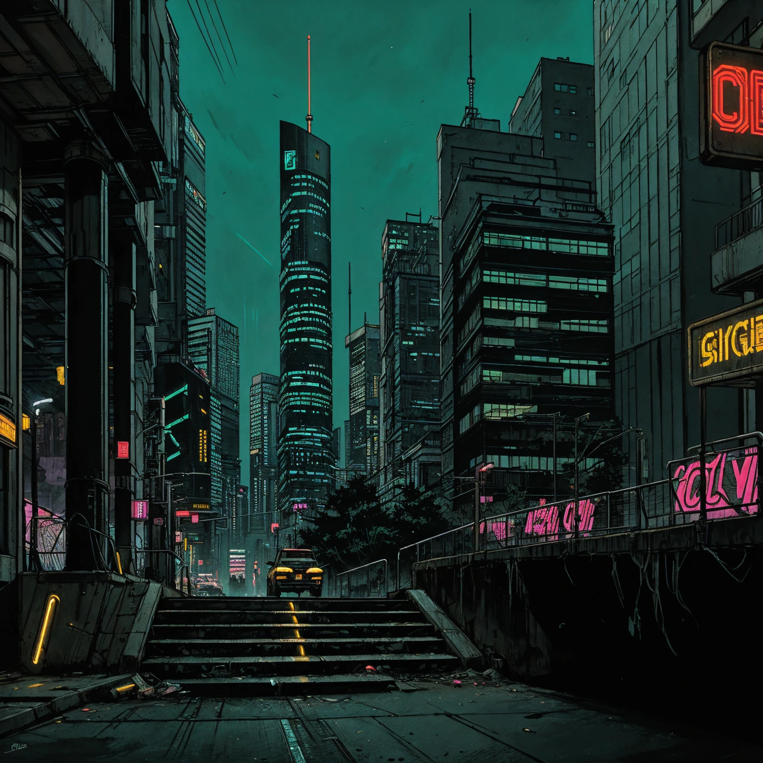 (masterpiece), (cyberpunk park), (street), (stairs), (cyberpunk city neon lights), (skyscrapers),  (realistic illustration), (cinematic), (night), (city skylines)