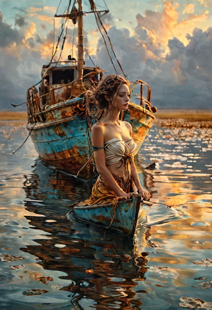 a beautiful boat, cyborg on the boat, art by David Mould, Brooke Shaden, Ingrid Baars, Mordecai Ardon, Josh Adamski, Chris Friel, oil painting