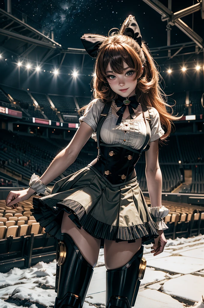 cowboy shot, (dynamic pose), smile,  underbust, Penny Polendina, long hair, neck ribbon, suspender skirt, corset, black bow, white blouse, mechanical legs, neon trim, standing, in sport stadium, spectators, crowd, BREAK night, stars, moon, snow, BREAK  (volumetric lighting), intricate details, tonemapping, sharp focus, hyper detailed

