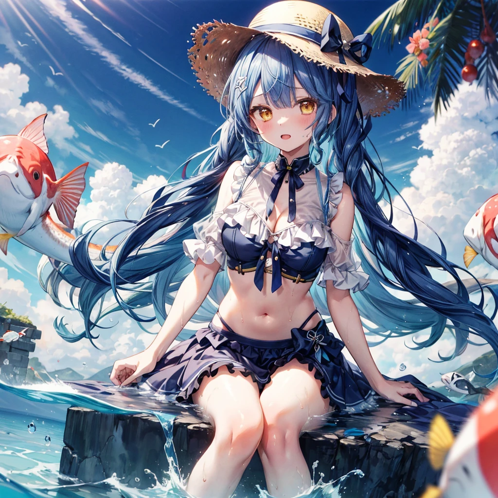 ((Highest quality)), ((masterpiece)), (detailed), the female anime character dressed in sexy clothing sits in the water and fishes, 1girl, swimsuit, breasts, 比基尼, 独奏, hat, straw hat, cleavage, navel, water, large breasts, looking at viewer, bangs, frills, frilled 比基尼, Virtual Youtuber, sitting, pink 比基尼, long hair, blue hair, small breasts, (wet), sweat, see through,