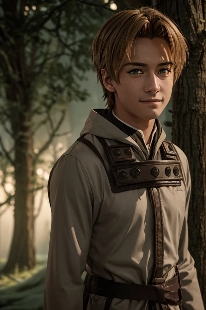 In realistic photo oF alta calidad and detail, Ludeus Greyrat (mushoku tensei), 2000's estilo de película, 1 hombre, Full body, hombre de 18 años, sharp Features, detailed Face, expresión triste y sonriente, En absoluto, hombre bien formado y de apariencia atractiva. Tiene cabello castaño claro y ojos verdes., and he also has a mole under his leFt eye, iluminación oscura y de mal humor, Retrato, colores contrastantes, sombras sutiles, atmósfera misteriosa, Al aire libre, dark Forest on the background, él está cerca del árbol, (Detalle ultraalto:1.2), obra maestra, mejor calidad, ultra detallado, iluminación cinematográfica, 8K, delicate Features, cinematográfico, lente de 35 mm, F/1.9, Iluminación destacada, Iluminación global –Uplight –V 4, iluminación cinematográfica, 8K, alta calidad, de la máxima calidad, (Solo enfoque), (extremadamente intrincado:1.3), (Realista), masterFul, estilo analógico, (grano de la película:1.5), (tono cálido, tono frio), poderes místicos, Fantasy, profundidad & Perspectiva, estilo de película, dark and atmósfera misteriosa, 