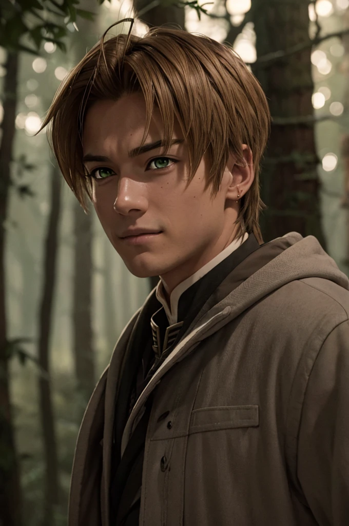 In realistic photo of high quality and detail, Rudeus Greyrat (Mushoku Tensei), 2000's movie style, 1man, full body, 1 man, sharp features, detailed face, sad smiling expression, a tall, well-built man with a handsome appearance. He has light brown hair and green eyes, and he also has a mole under his left eye, dark and moody lighting, portrait, contrasting colors, subtle shadows, mysterious atmosphere, outdoors, dark forest on the background, he stands near the tree, (ultra-high detail:1.2), Masterpiece, Best Quality, Ultra-detailed, Cinematic lighting, 8K, delicate features, cinematic, 35 mm lens, f/1.9, highlight lighting, global lighting –uplight –v 4, Cinematic lighting, 8K, high quality, Highest Quality, (Solo Focus), (extremly intricate:1.3), (Realistic), masterful, Analog style, (Film grain:1.5), (warm hue, cold tone), Mystical powers, fantasy, Depth & Perspective, movie style, dark and mysterious atmosphere, 