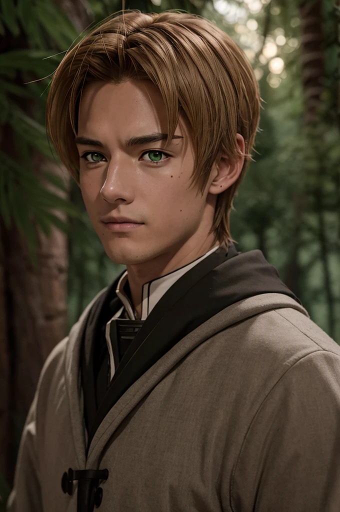 In realistic photo of high quality and detail, Rudeus Greyrat (Mushoku Tensei), 2000's movie style, 1man, full body, 1 man, sharp features, detailed face, sad smiling expression, a tall, well-built man with a handsome appearance. He has light brown hair and green eyes, and he also has a mole under his left eye, dark and moody lighting, portrait, contrasting colors, subtle shadows, mysterious atmosphere, outdoors, dark forest on the background, he stands near the tree, (ultra-high detail:1.2), Masterpiece, Best Quality, Ultra-detailed, Cinematic lighting, 8K, delicate features, cinematic, 35 mm lens, f/1.9, highlight lighting, global lighting –uplight –v 4, Cinematic lighting, 8K, high quality, Highest Quality, (Solo Focus), (extremly intricate:1.3), (Realistic), masterful, Analog style, (Film grain:1.5), (warm hue, cold tone), Mystical powers, fantasy, Depth & Perspective, movie style, dark and mysterious atmosphere, 