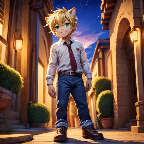 anime model of a blonde boy, with bright green eyes, dressed in a white shirt and blue jeans, brown shoes, a beautiful and brigh...