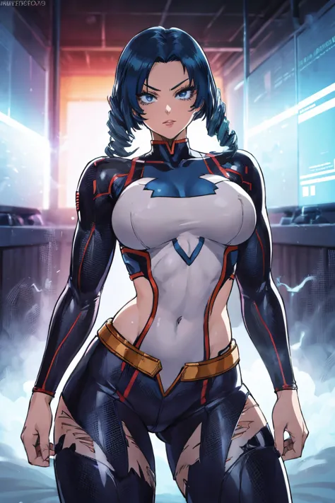 a muscular heroic superheroine, dramatic large costume, mha anime style, anime niji, my hero academia, beautiful detailed eyes, ...