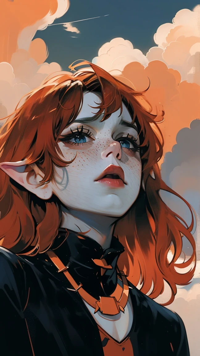 vox machina style, (very detailed background:1.5), outdoors,
1girl, solo, pointy ears, green eyes, freckles, long hair, open mouth, red hair, cloud, portrait, teeth, sky, parody, orange hair, cloudy sky, hand up, outdoors
, ((masterpiece))