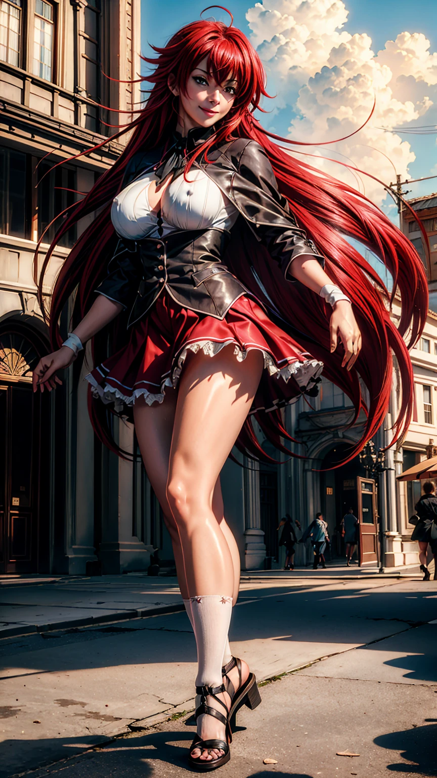 (masterpiece:1.2), (photorealistic:1.2), (best quality),((realistic:1.3)), (detailed skin:1.3), (intricate details), dramatic, ray tracing,finely detailed, quality,realistic lighting,huge breasts,1girl,1girl, rias_gremory,, red hair, ahoge, blue eyes, large breasts, very long hair, breasts, red skirt, huge ahoge, socks,,full body,smile,looking at viewer,(outdoors,dynamic pose)