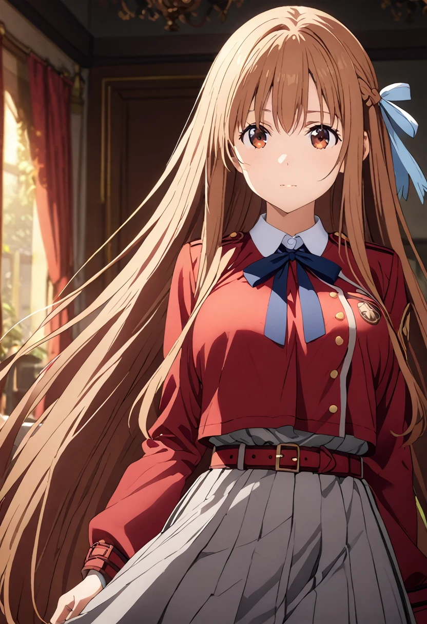 Highest quality、Super detailed、High resolution illustrations、Ultra-high-definition CG、８k size wallpaper、Production Art、Light novel illustrations、asuna yuuki, long hair, bangs, brown hair, brown eyes, very long hair, braid,, shirt, long sleeves, dress, ribbon, white shirt, collared shirt, belt, neck ribbon, red dress, blue ribbon, pleated dress, grey dress, two-tone dress, Red belt, lycoris uniform,