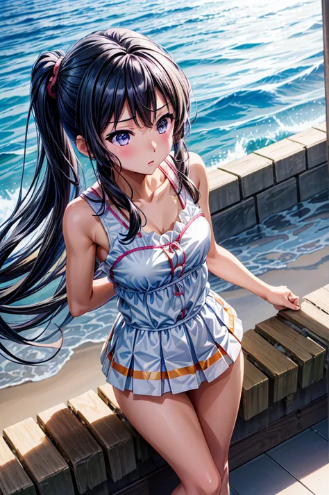 (master detailed anime)(masterpiece)(shine eyes)Blushing(Hibiki！euphonium)(Reina Kousaka)(school swim wear)(beach side)(spread l...